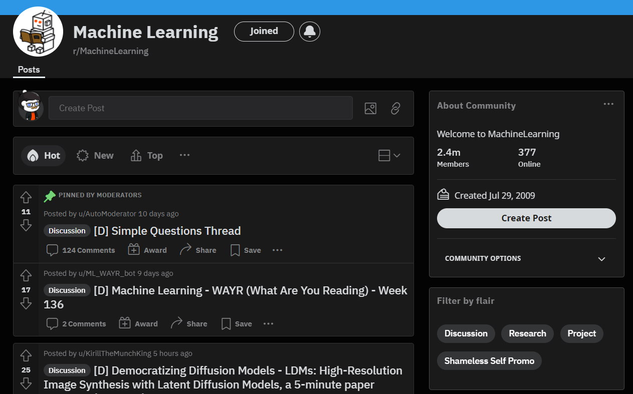 r/machinelearning subreddit home page